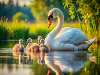 Fototapeta premium Mute Swan Family Foraging on Serene Lake - Cygnus olor