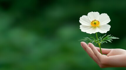 Delicate hand holding a white flower against a blurred green background