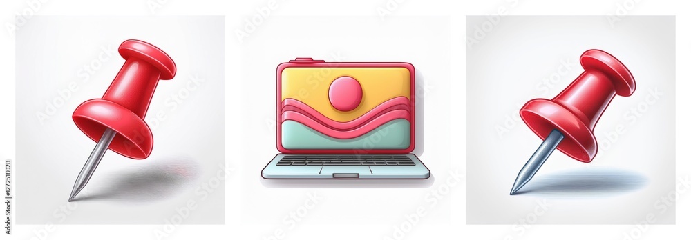 Poster three isolated icons display a red push pin on each side, flanking a laptop with a colorful screen i