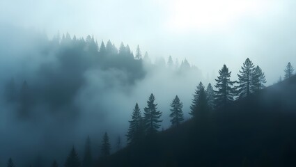 Misty Mountain Forest  Evergreen Trees  Foggy Landscape