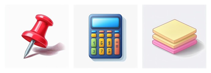 Three office supply icons are displayed against a white backdrop: a red push pin, a blue calculator with colorful buttons, and a stack of yellow and pink sticky notes.