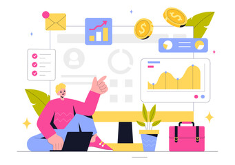 Freelancing and Gig Economy Vector Illustration featuring Finance, Freelance Contracts, Temporary Employment, Business Success, and Bar Charts