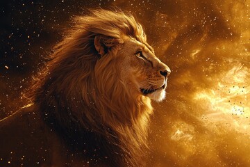 Naklejka premium Lion in a galaxy setting with majestic presence and cosmic background