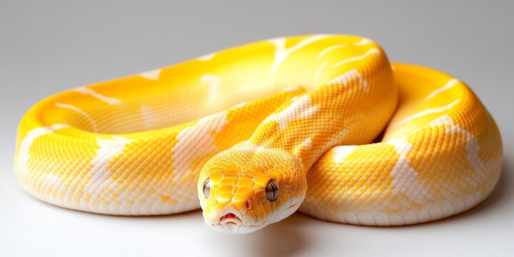 Bright yellow python coiled comfortably on a light surface in a well-lit setting