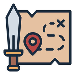 Sword and map filled line icon representing adventure, treasure hunting, and gaming quests