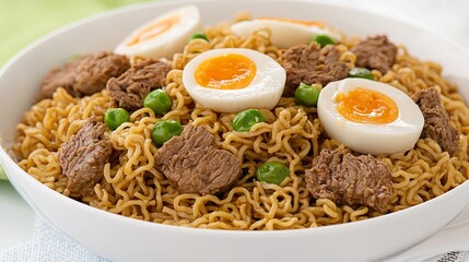 Delicious bowl of beef noodle dish with green peas and soft-boiled eggs