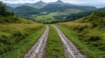 Mountain road, rural landscape, valley view, cloudy day, travel photography