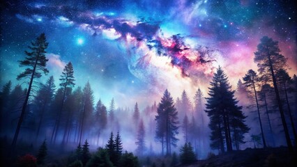 Obraz premium Mystical Forest Double Exposure: Dreamlike Woodscape and Celestial Elements