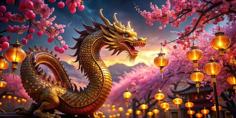 Fototapeta premium Mystical Golden Dragon Amidst Cherry Blossoms and Lanterns - Low Light Night Scene