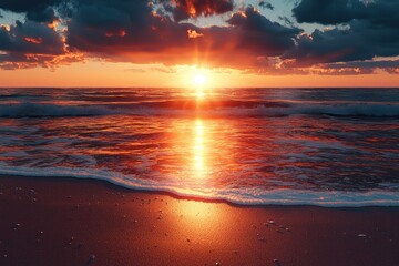 Fototapeta premium Sunset over beach with gentle waves and colorful sky reflecting on water surface during twilight hours