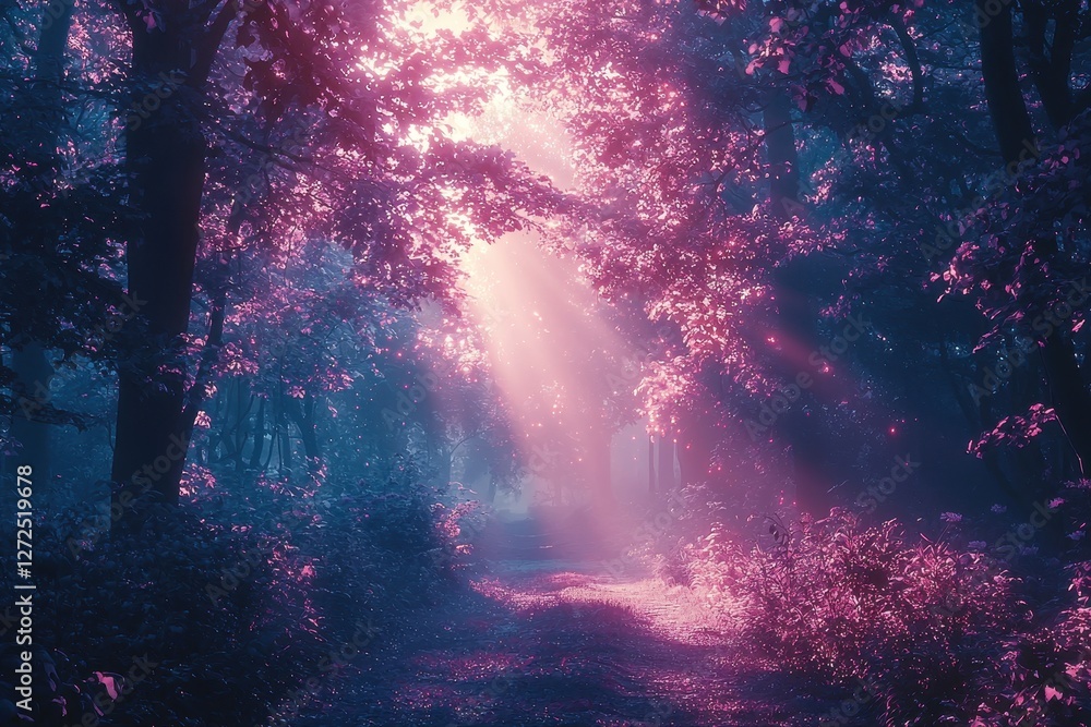 Poster path through forest with bright light shining through trees
