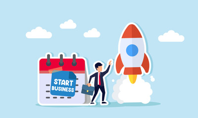 Businessman stands next to a calendar with a START BUSINESS sticker, watching a rocket launch, illustration of launching a business or introducing it to the market