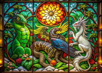 Fototapeta premium Mystical Stained Glass: Green Dragon, Vermilion Bird, White Tiger, Black Tortoise - Long Exposure Photography