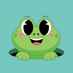 Cute green frog com from hole cartoon