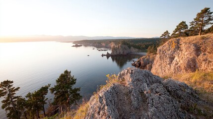 Coastal sunrise, rocky cliffs, calm sea, tranquil landscape, travel postcard