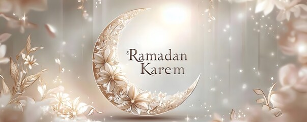 Ramadan Kareem greeting card displays a floral crescent moon