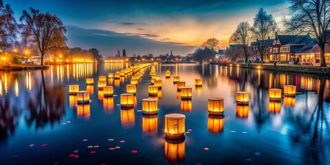 Naklejka premium Netherlands New Year's Lantern Festival: Floating Water Lanterns on Calm Lake at Night