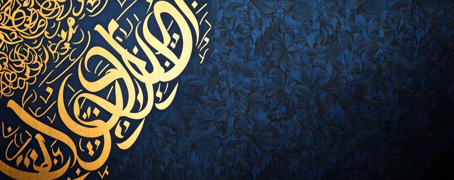 Elegant golden arabic calligraphy adorns a textured blue floral background