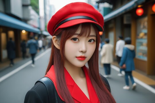 woman with red hat and black jacket on a city street - Powered by Adobe