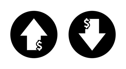 Dollar arrow growth and decline icon on black circle. USD up and down sign symbol