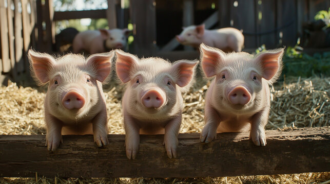 Three Curious Piglets Leaning on a Wooden Fence in a Sunlit Farmyard