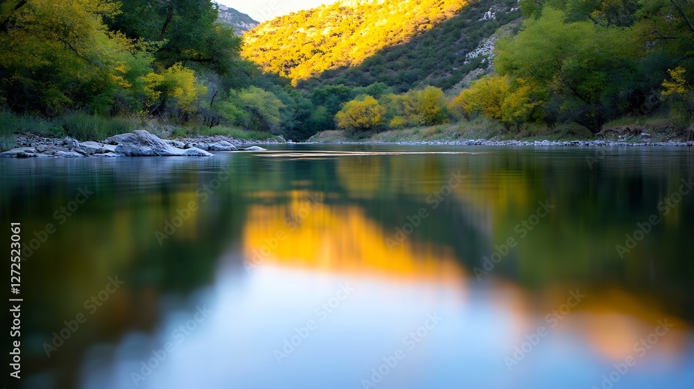 Poster autumn reflection of golden trees in a calm river surrounded by scenic mountain landscape : generati