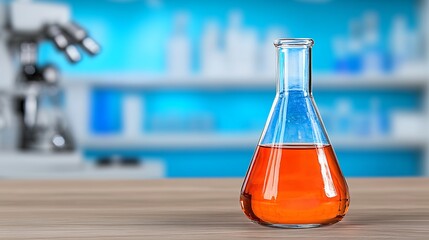 Erlenmeyer Flask with Orange Liquid on Wooden Table in a Blurred Lab Environment