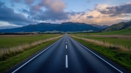 Stunning Long Road Through Beautiful Green Landscape Towards Mountains at Sunset : Generative AI