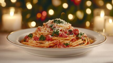 Delicious plate of spaghetti with tomato sauce and herbs, elegantly presented