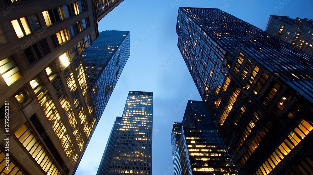Poster Stunning Low Angle View of Skyscrapers at Twilight with Illuminated Windows : Generative AI
