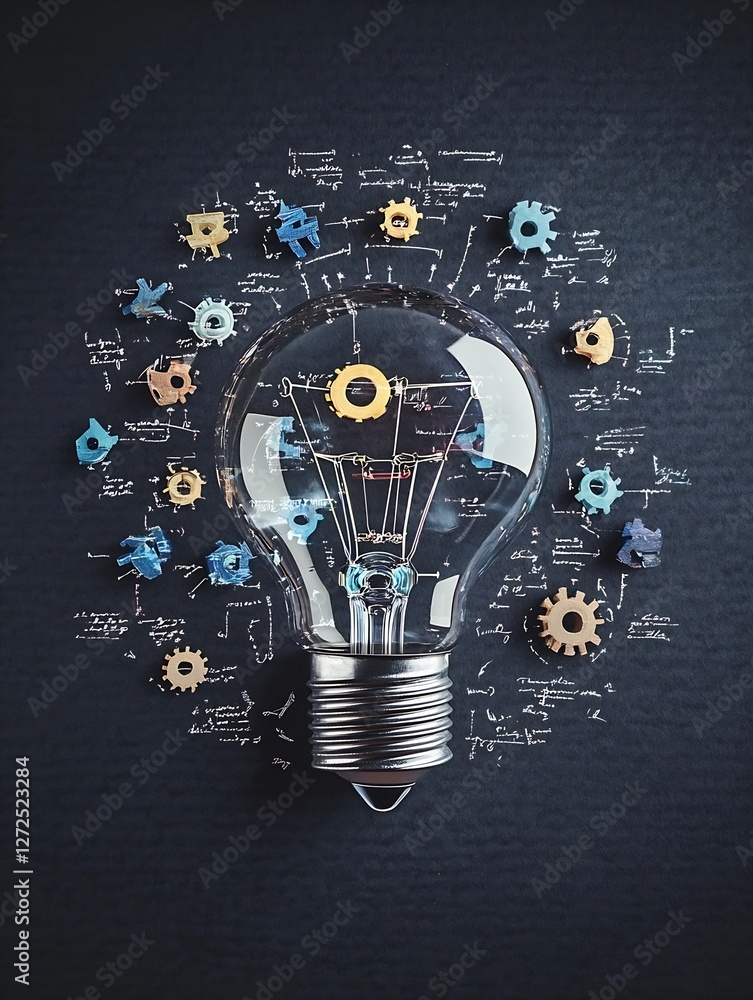 Aufkleber creative light bulb with gears and scientific sketches for innovation and thinking concept : generat