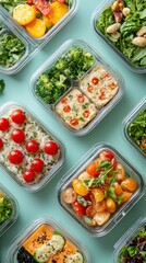 A collection of visually appealing lunch boxes showcases a variety of healthy salads and colorful ingredients arranged neatly on a bright color table. Perfect for inspiring meal ideas