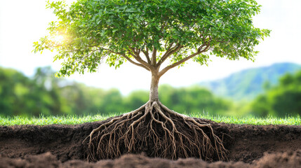 tree with deep roots and flourishing branches stands proudly lush landscape, symbolizing strength and growth. vibrant green leaves contrast beautifully with rich brown soil, showcasing nature
