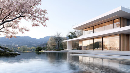 Obraz premium Scarpa modern villa architecture design by calm lakeside pink cherry blossom at spring