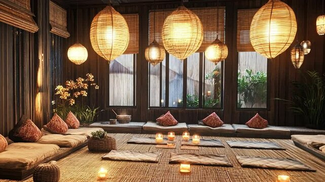 Serene Asian-Inspired Interior Design: Warm Lighting and Tranquil Ambiance