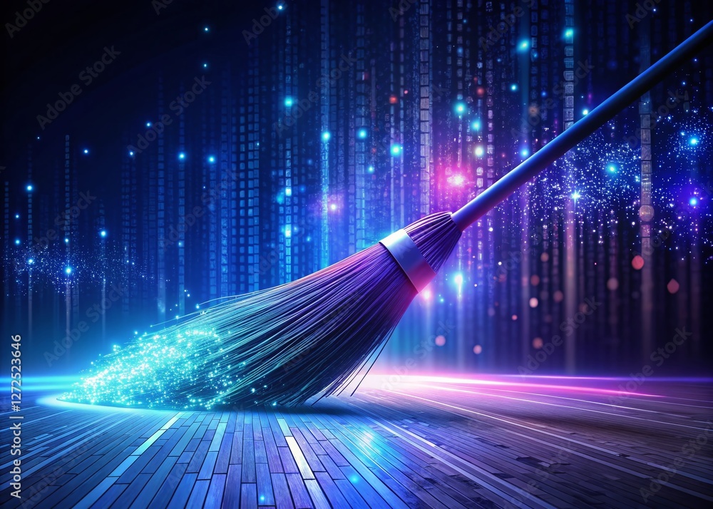 Poster night cyber security: broom sweeping binary code data cleansing