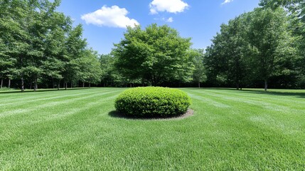 Expansive Green Lawn with Solitary Shrub Surrounded by Lush Trees Under Clear Blue Sky