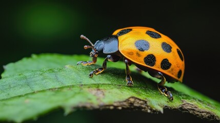 Stunning Close-Up of an Orange Ladybug on a Green Leaf