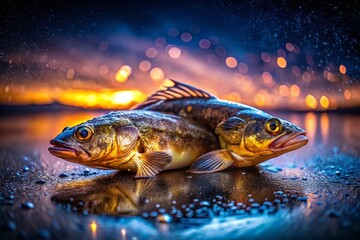 Obraz premium Night Fishing Success: Two Burbot Caught in Miniature Tilt-Shift