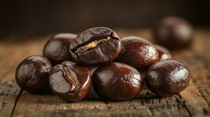 Obraz premium Roasted coffee beans on rustic wooden surface
