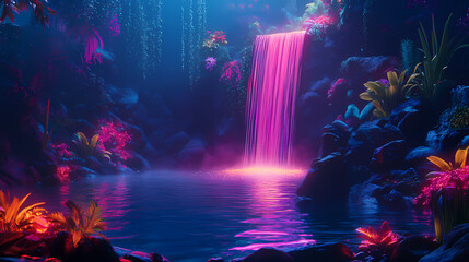Obraz premium A hyper-real waterfall cascading into a pool of neon water, surrounded by glowing rocks and plants. Hyper-Real Light Reflections. Illustration