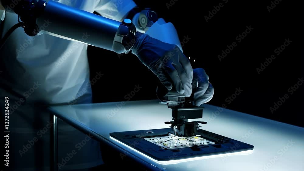 Poster robotic arm wearing black gloves precisely positioning electronic component on circuit board. workin