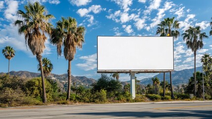 Billboard stands empty amidst palm trees and a clear blue sky in a Californian landscape during the day