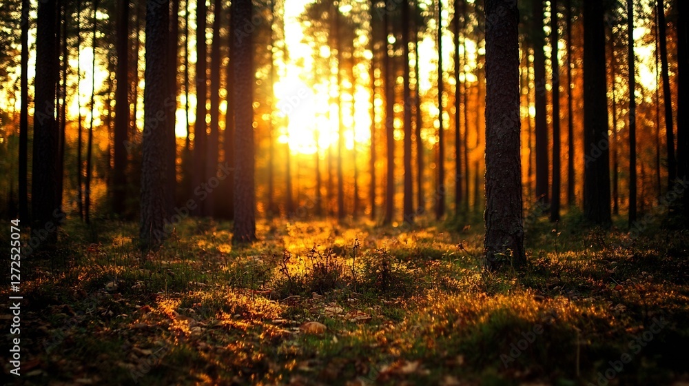 Poster golden sunlight filtering through tall trees in a serene forest environment : generative ai