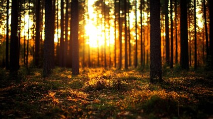 Obraz premium Golden sunlight filtering through tall trees in a serene forest environment : Generative AI