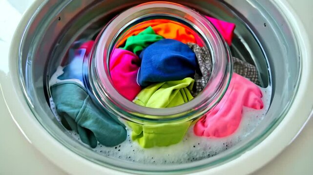 Vibrant garments spinning inside washer with transparent eco friendly ball, capturing dynamic washing process and modern household cleaning routine