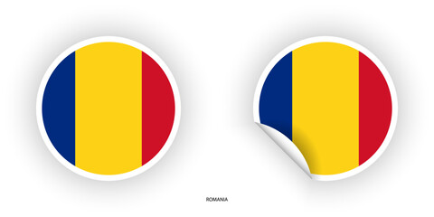 Romania sticker flag in circle shape and circle peeled shape on white background. Romania flag icon in circular form	
