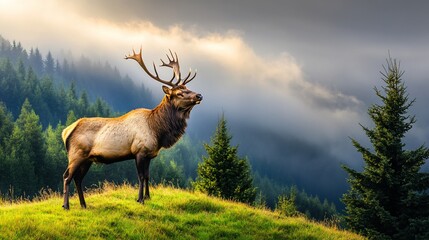 Fototapeta premium Majestic elk stands on mountain peak, sunrise mist
