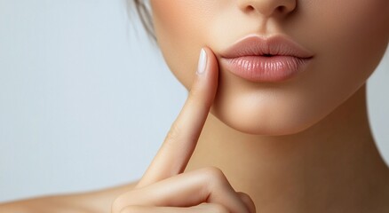 Close-up of a woman's soft, full lips with a natural pink hue, gently touching her face with a well-manicured finger, symbolizing beauty, skincare, and sensuality