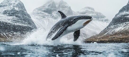 Obraz premium Orca leaping in snowy arctic mountains